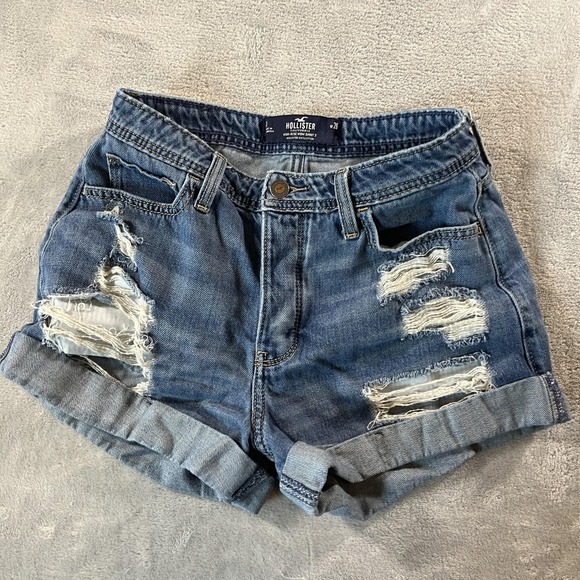 Hollister Shorts Womens 3 High-Rise Mom Short W26 Blue Distressed Denim Ripped - Picture 1 of 8